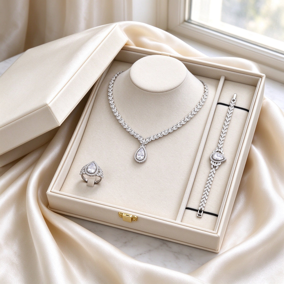 The Fern Wedding Suite nestled in an ivory keepsake gift box