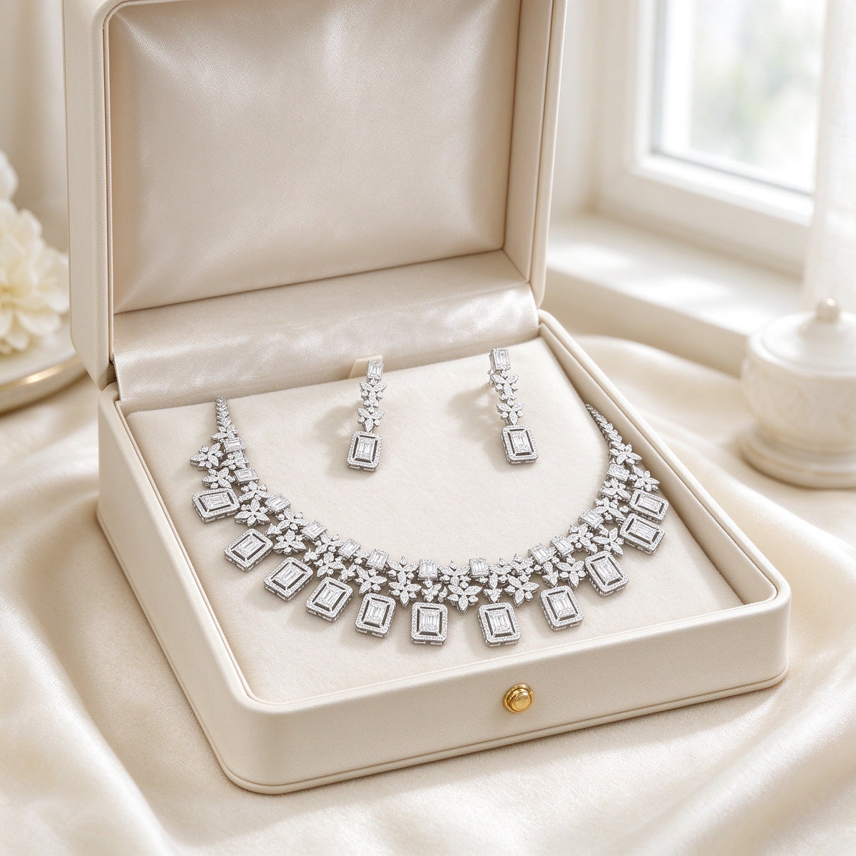 The Aurora Wedding Suite emerald-cut CZ fringe necklace and earrings presented in an open ivory keepsake box lined with cream satin