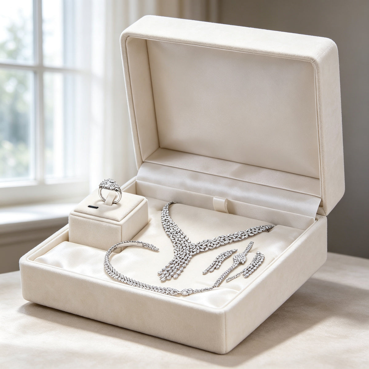 The Peony Bridal Set necklace and earrings presented in an ivory satin-lined gift box