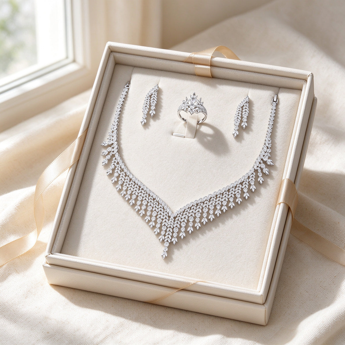The Moss Bridal Set presented inside an ivory Talisyra gift box with champagne ribbon