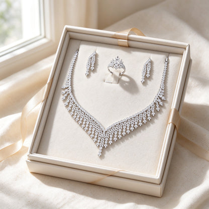 The Moss Bridal Set presented inside an ivory Talisyra gift box with champagne ribbon
