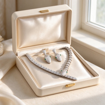 The Lumina Crystal Set pavé serpent necklace and earrings presented in an open ivory keepsake box lined with cream satin