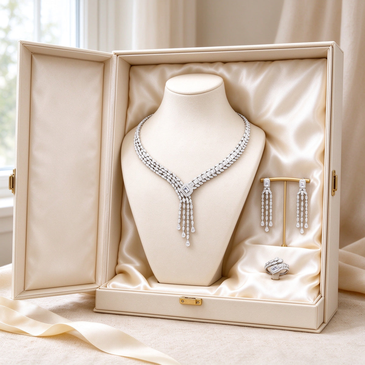 The Harvest Bridal Parure presented in an open ivory keepsake box lined with cream satin