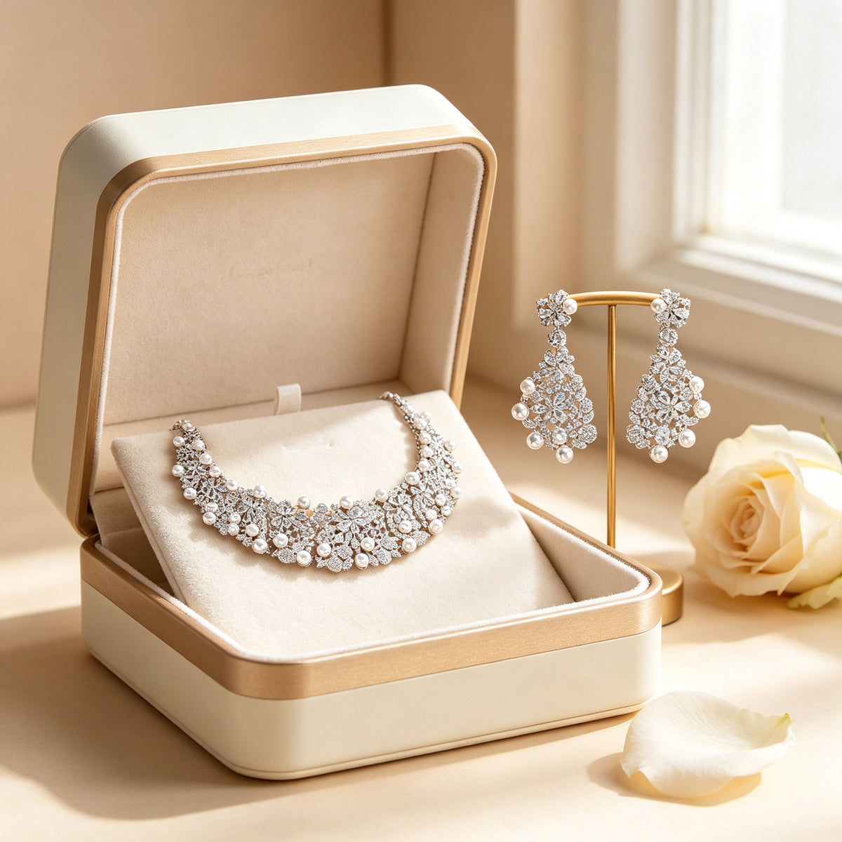 The Eclipse Wedding Suite presented in a cream and gold jewelry gift box