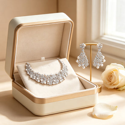 The Eclipse Wedding Suite presented in a cream and gold jewelry gift box