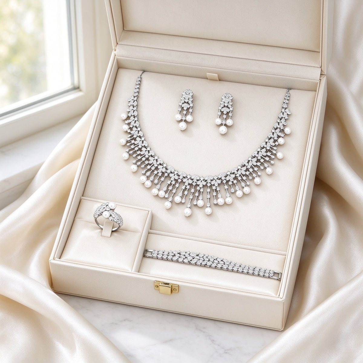 The Rue Bridal Parure nestled in an ivory keepsake gift box