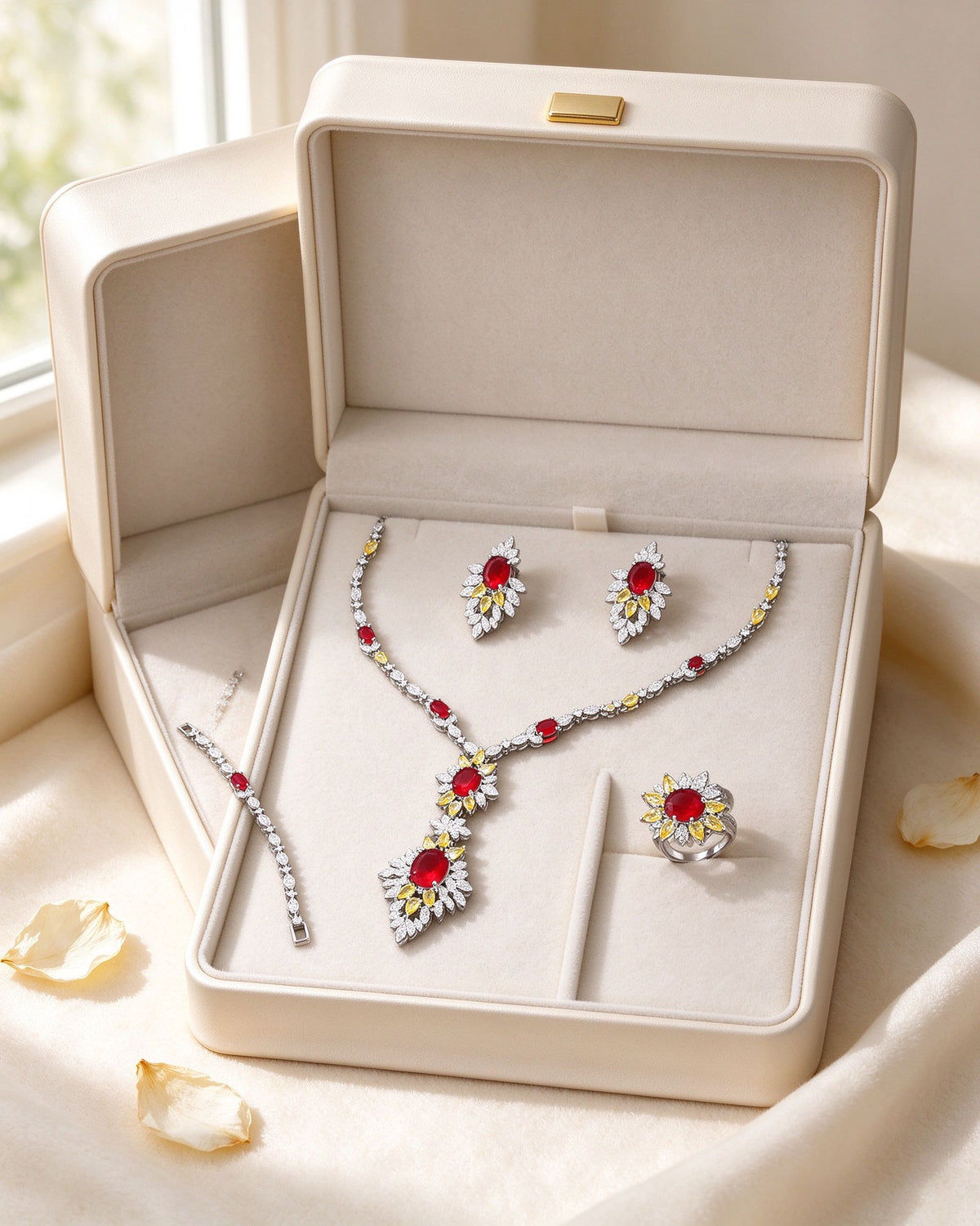 The Seed Bridal Parure colorful floral bridal set presented in an ivory velvet gift box