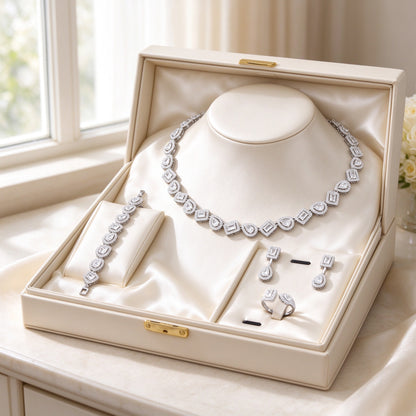 The Celestia Wedding Suite presented in an open ivory keepsake box lined with cream satin