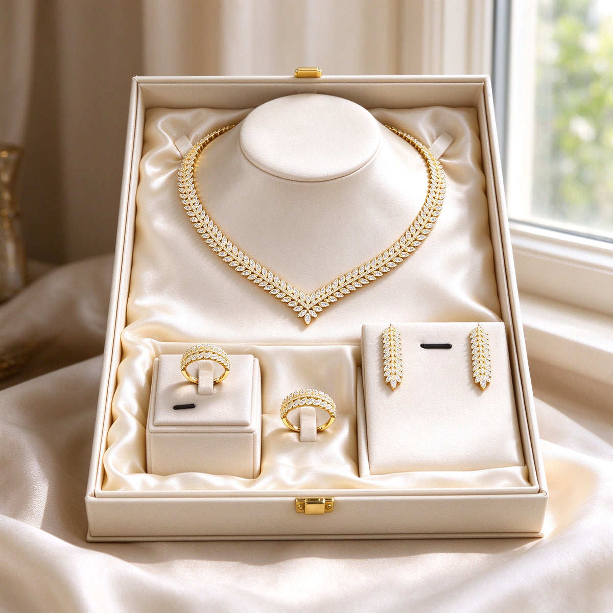 The Daybreak Wedding Suite presented in an open ivory keepsake box lined with cream satin
