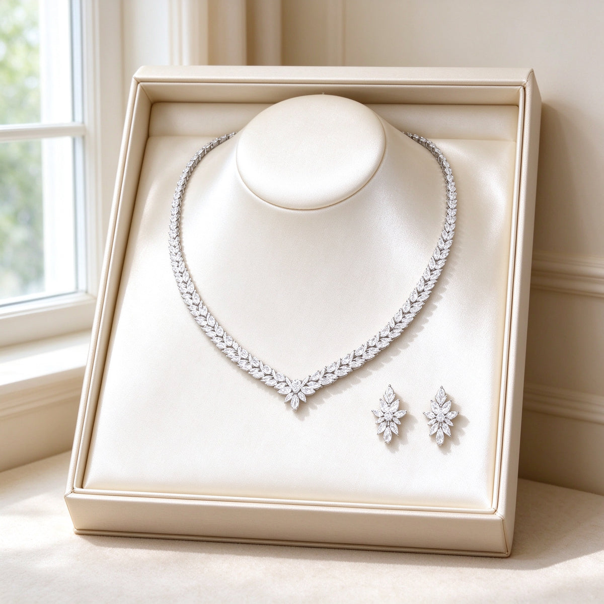 The Coronet Bridal Set presented in an open ivory keepsake box lined with cream satin