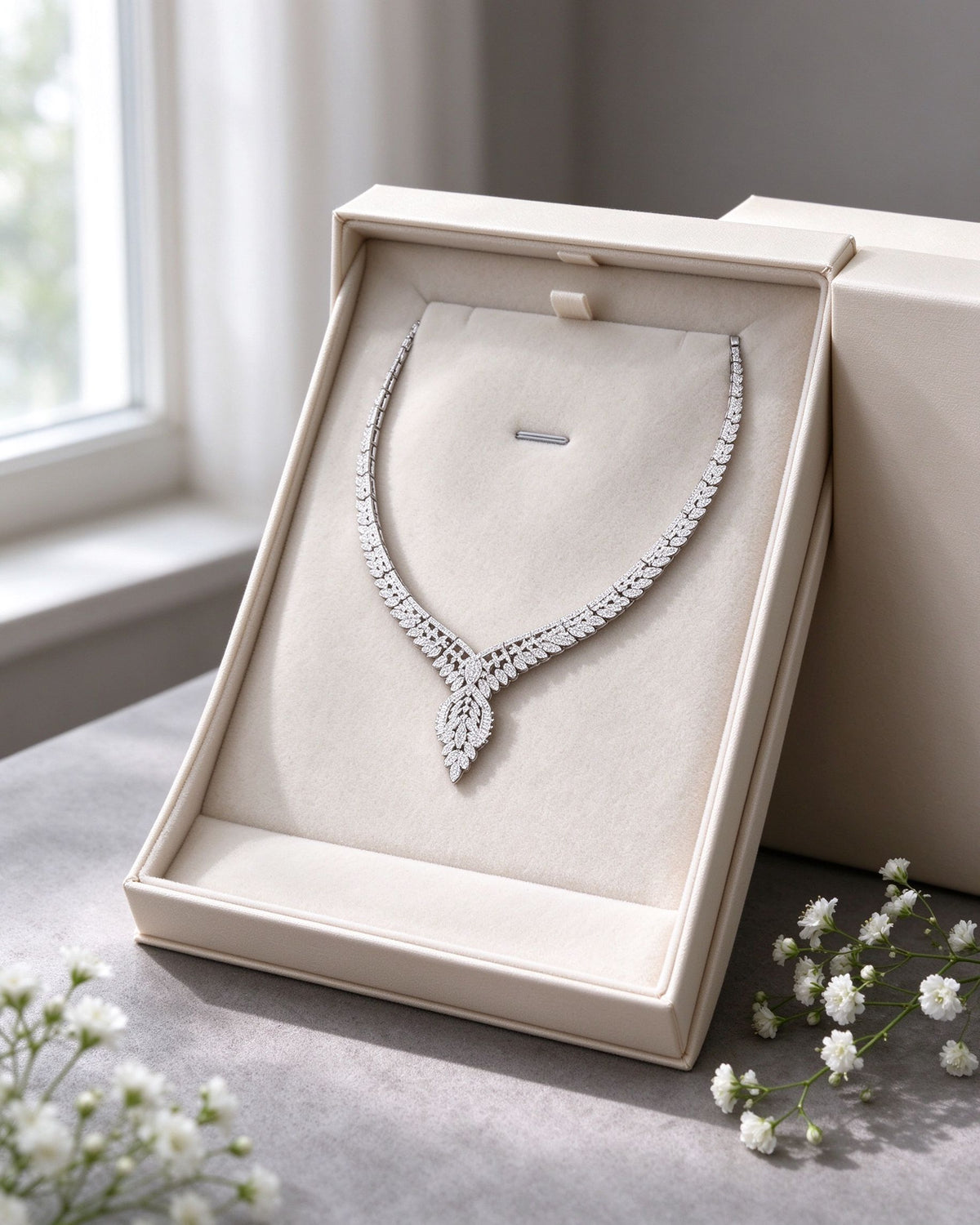 The Petal Bridal Set necklace presented in a cream ivory gift box