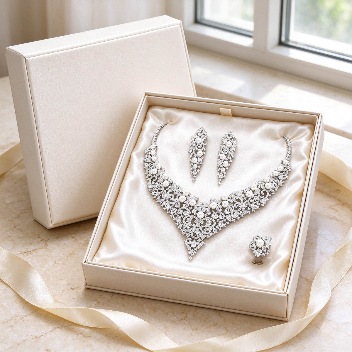 The Grain Bridal Set presented in an open ivory satin-lined Talisyra jewelry box