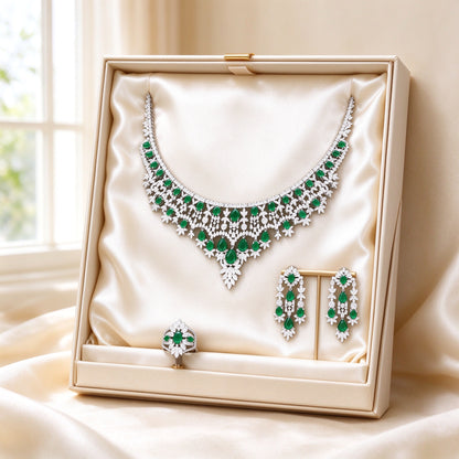 The Rain Crystal Parure presented in ivory satin-lined gift box