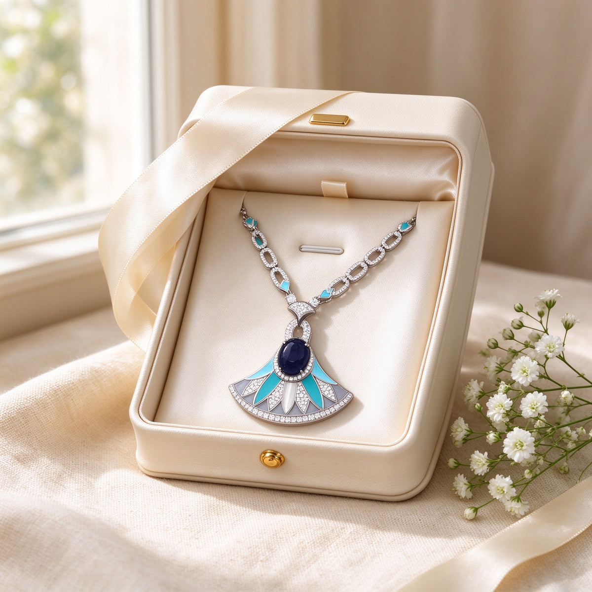 The Starlight Bridal Parure fan pendant necklace presented in an ivory leather gift box