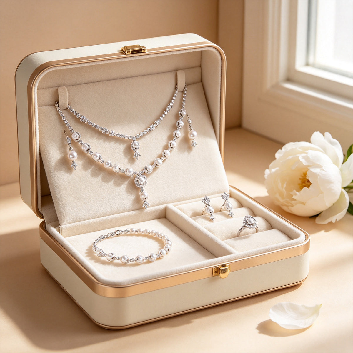 The Zenith Bridal Parure displayed in a cream and gold jewelry gift box