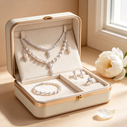 The Zenith Bridal Parure displayed in a cream and gold jewelry gift box