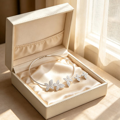 The Stella Bridal Set choker and earrings arranged in a cream leather jewelry gift box