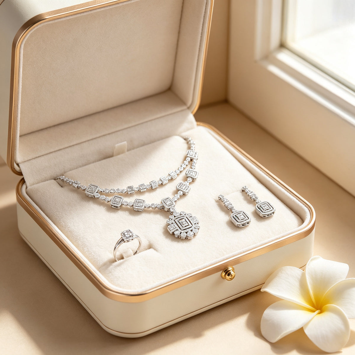 The Nadir Bridal Set presented in a cream and gold jewelry gift box