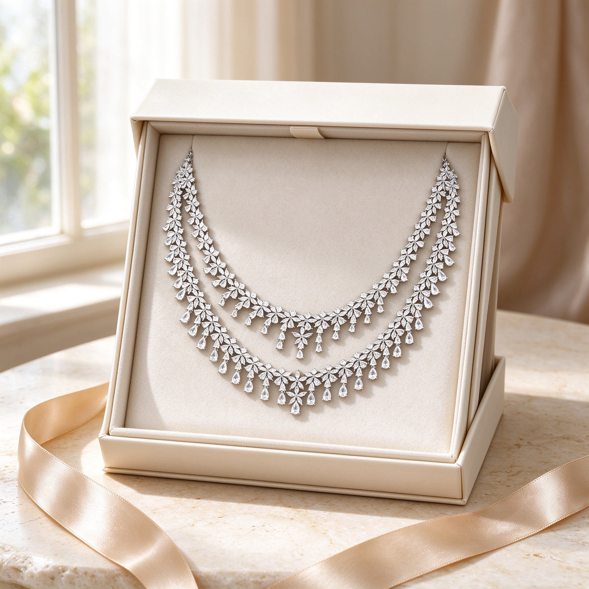 The Crest CZ bridal necklace presented in an ivory cream Talisyra gift box