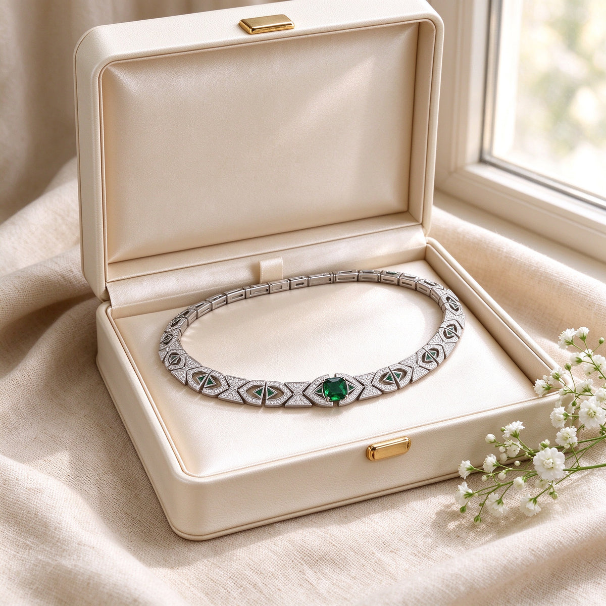 The Meteor Wedding Suite choker necklace presented in an ivory leather gift box