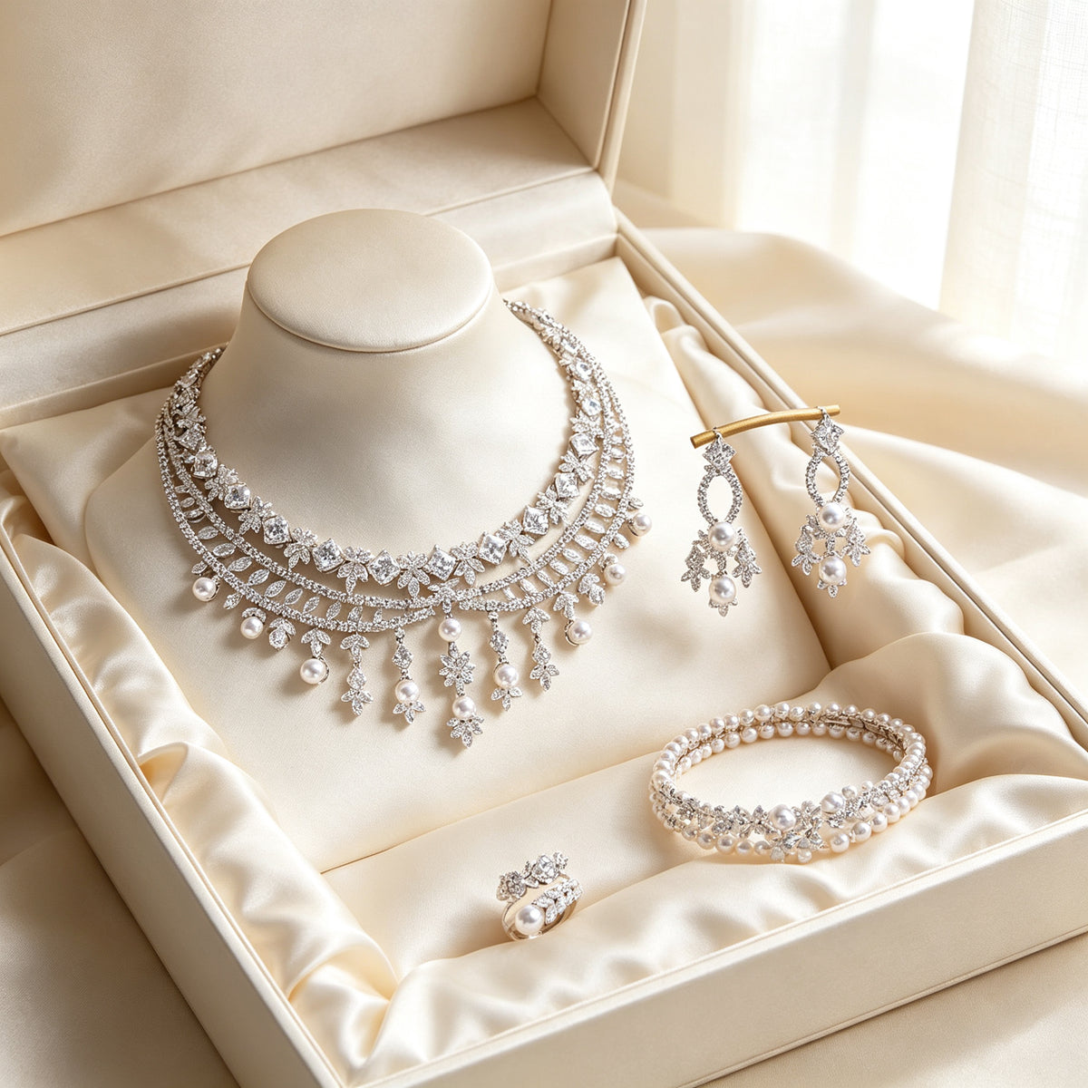 The Violet Bridal Parure four-piece set in an ivory satin presentation box
