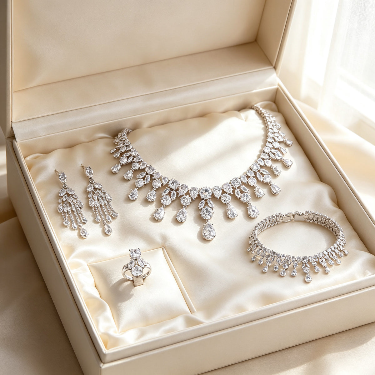 The Lily Wedding Suite four-piece set in an ivory satin presentation box