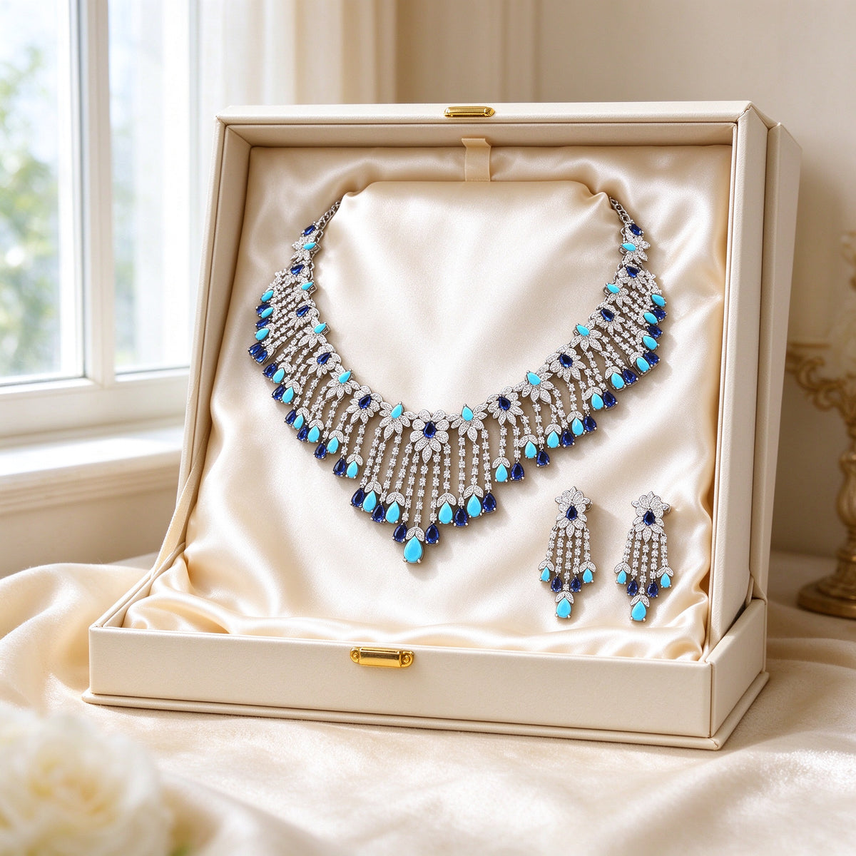 The Celestine Bridal Parure necklace and earrings arranged in a cream leather jewelry gift box