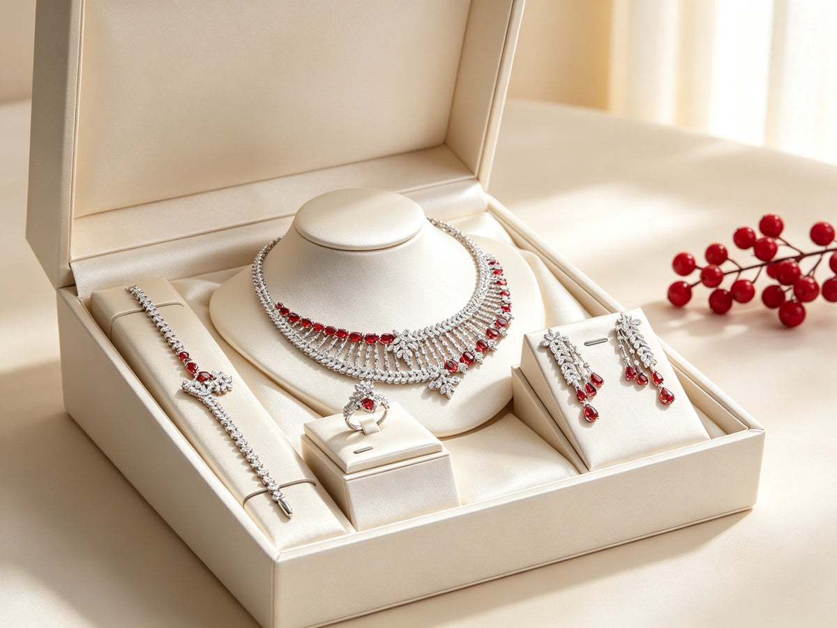 The Leaf Crystal Parure arranged in a cream jewelry gift box