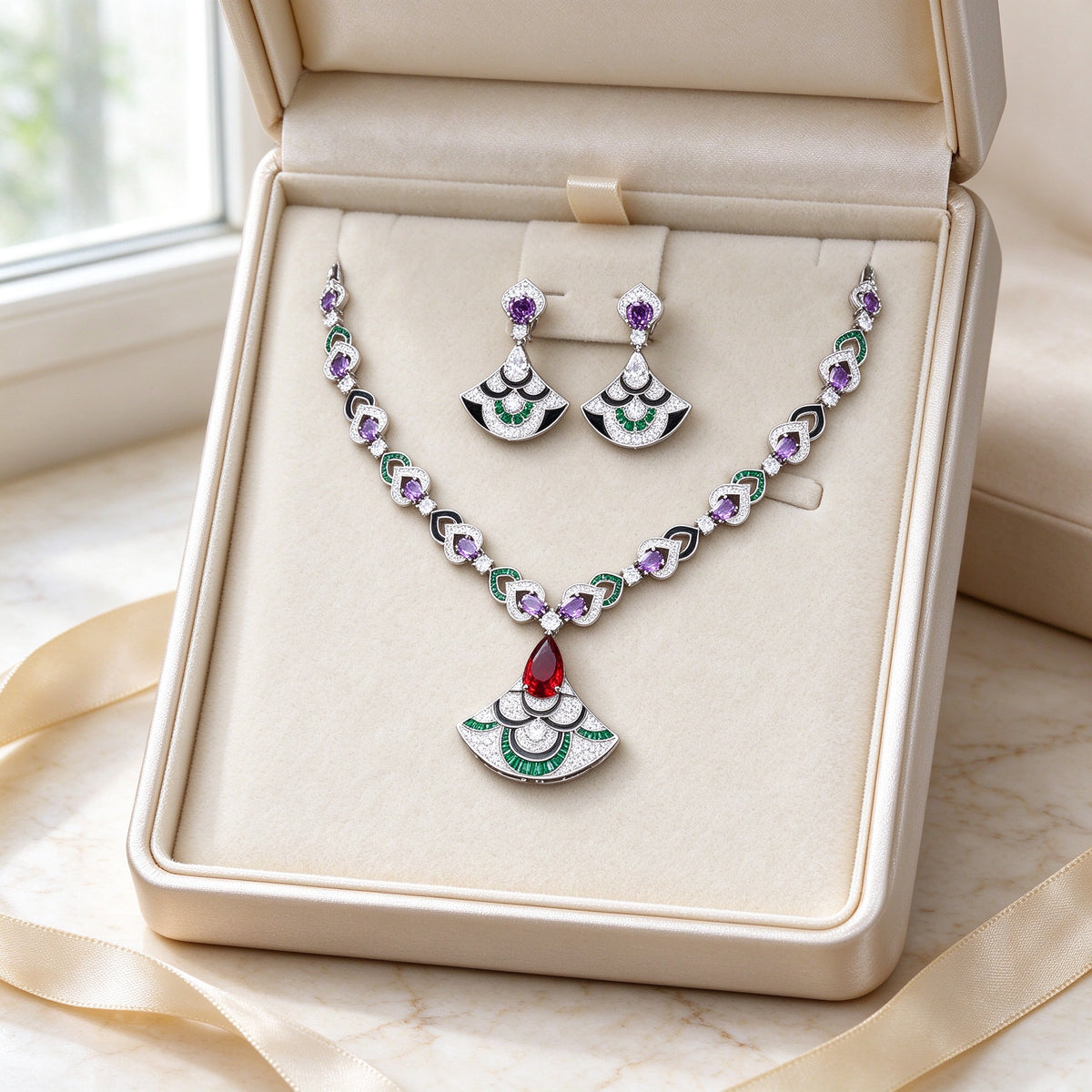 The Sunrise Bridal Parure in ivory satin-lined gift box