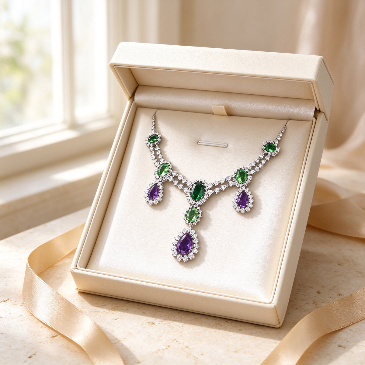 The Crown Crystal Parure necklace presented in an ivory cream Talisyra gift box