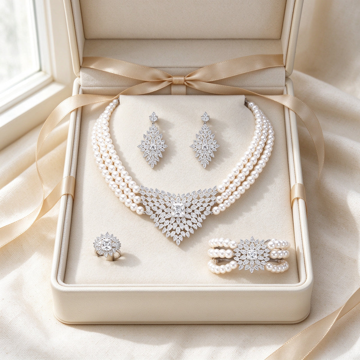 The Clover Crystal Parure presented inside an ivory Talisyra gift box with champagne ribbon