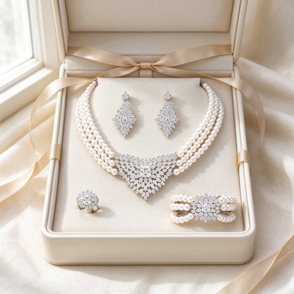 The Clover Crystal Parure presented inside an ivory Talisyra gift box with champagne ribbon