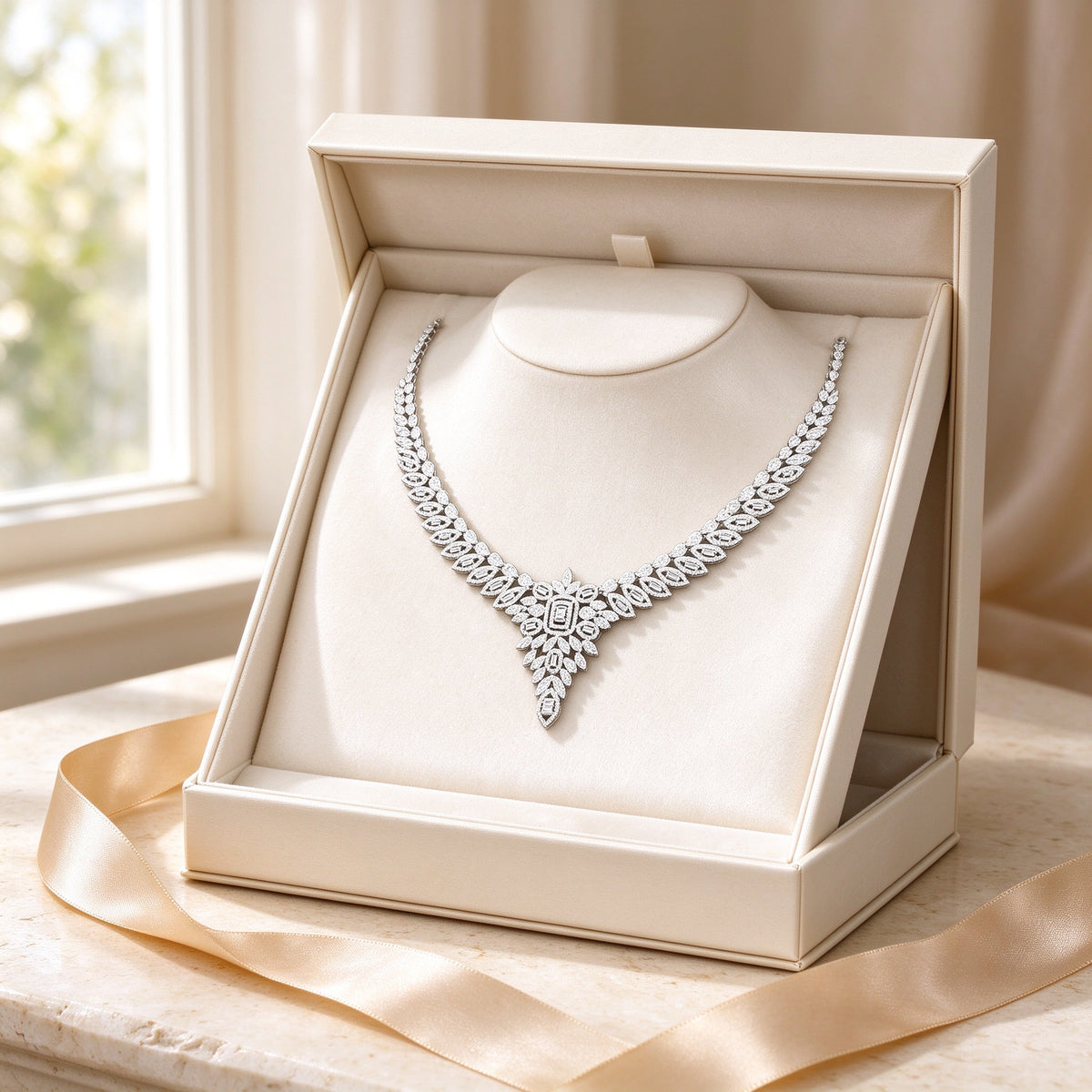 The Tiara Wedding Suite CZ necklace presented in an ivory cream Talisyra gift box