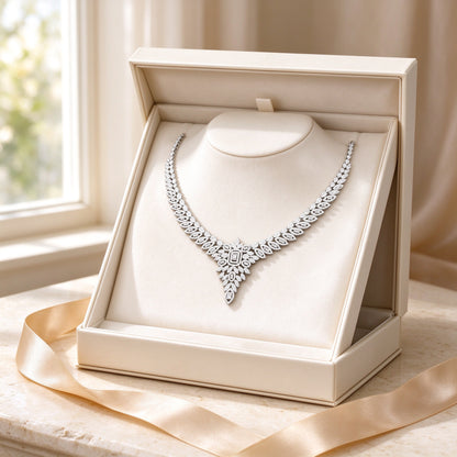 The Tiara Wedding Suite CZ necklace presented in an ivory cream Talisyra gift box