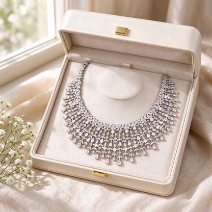 The Comet Crystal Parure bib necklace presented in an ivory leather gift box