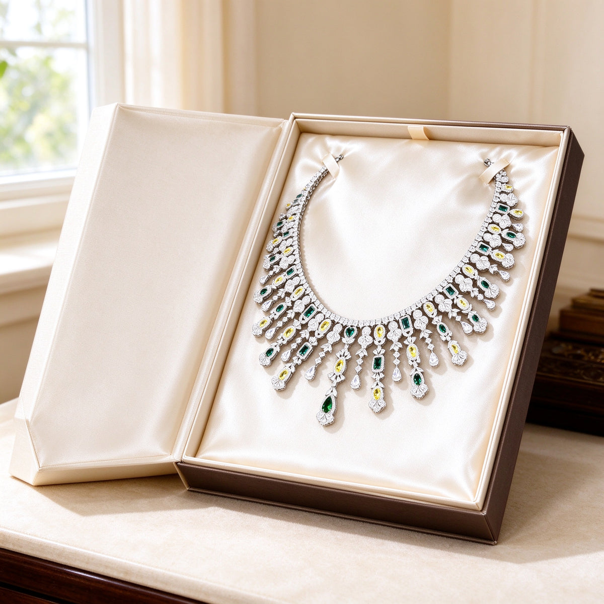 The Dahlia Crystal Parure necklace and earrings presented in an ivory satin-lined gift box
