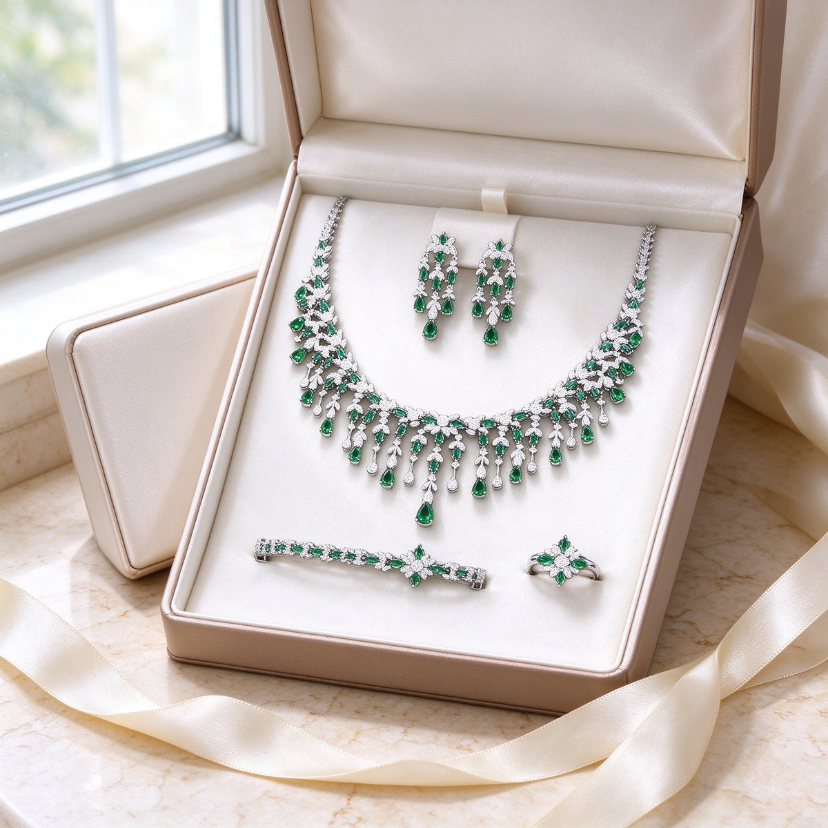 The Sheaf Wedding Suite presented in an open ivory satin-lined Talisyra jewelry box