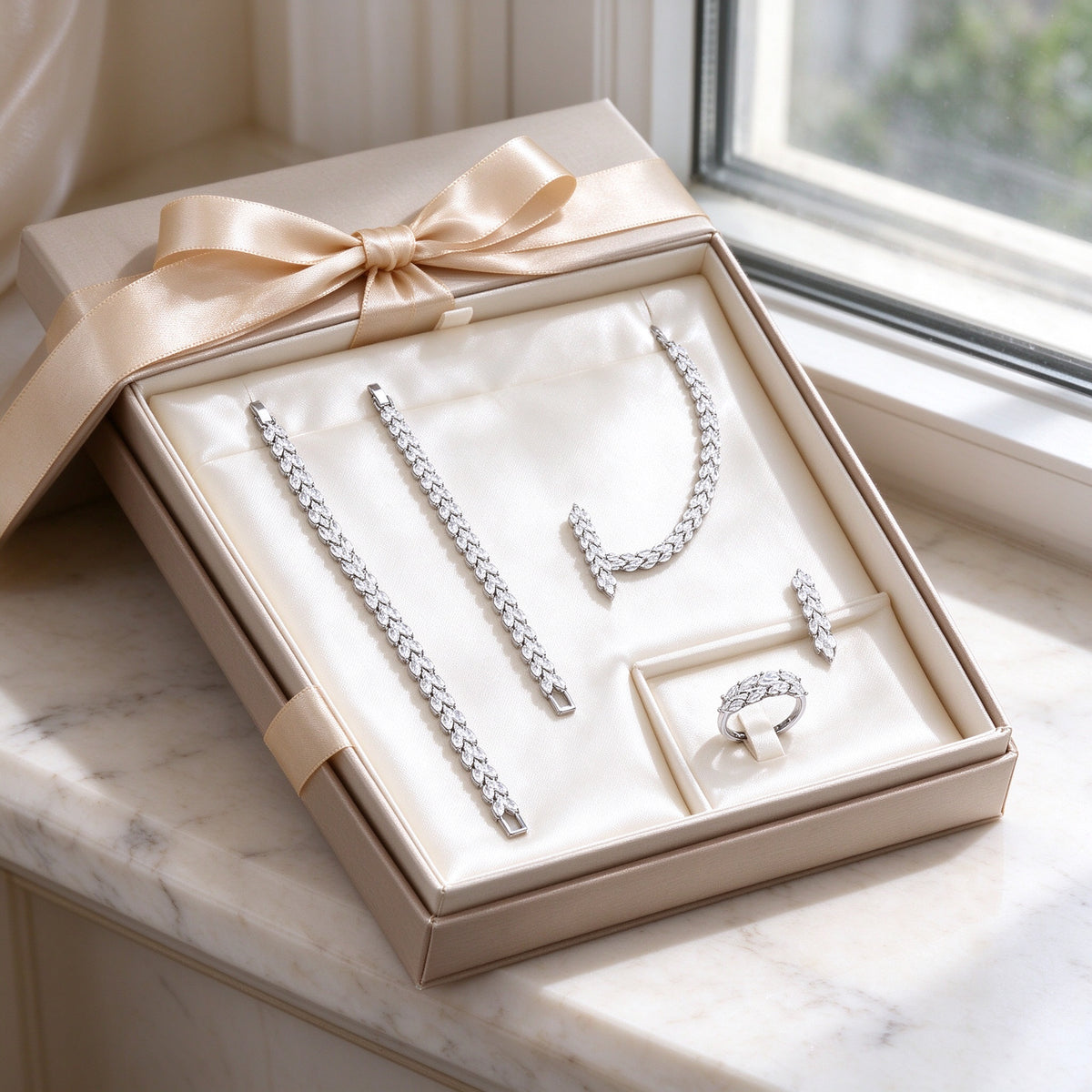 The Thorn Wedding Suite necklace, bracelet, earrings and ring presented inside an ivory satin-lined gift box with champagne ribbon