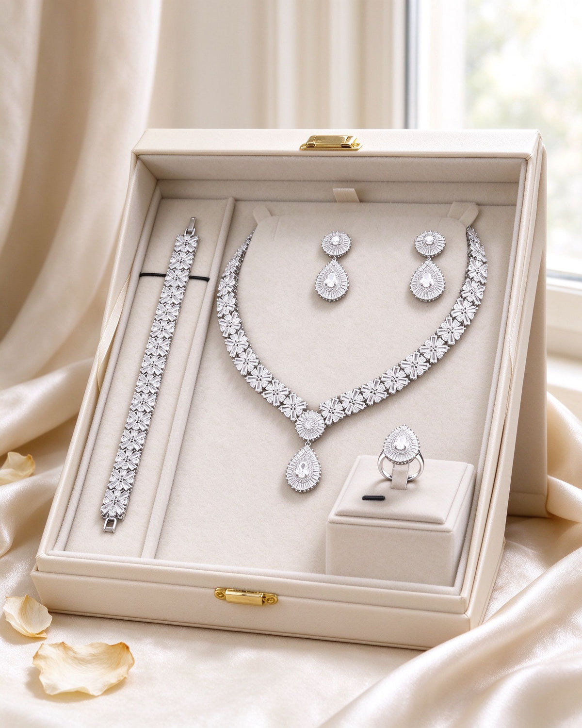 The Root Wedding Suite bridal set presented in an ivory velvet gift box