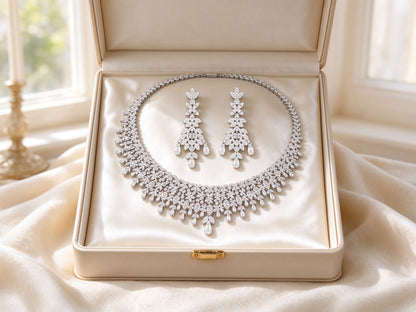 The Selene Bridal Parure necklace and earrings resting on ivory satin inside an open cream jewelry gift box