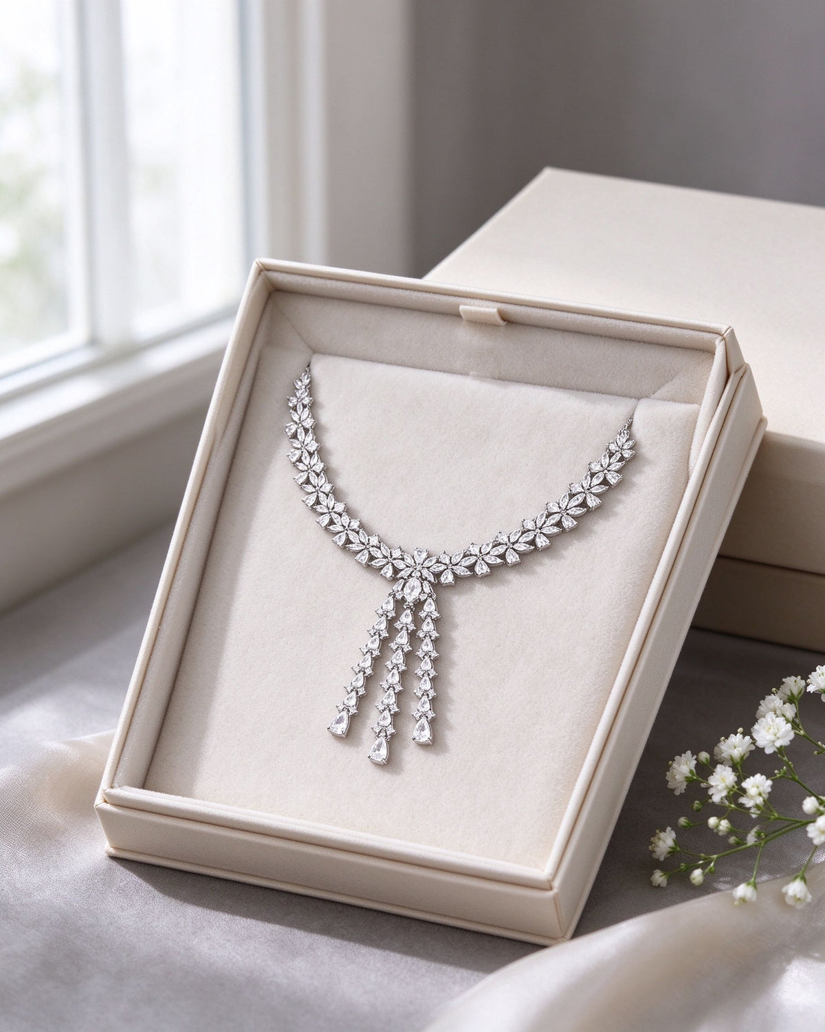 The Meadow Wedding Suite necklace presented in a cream ivory gift box