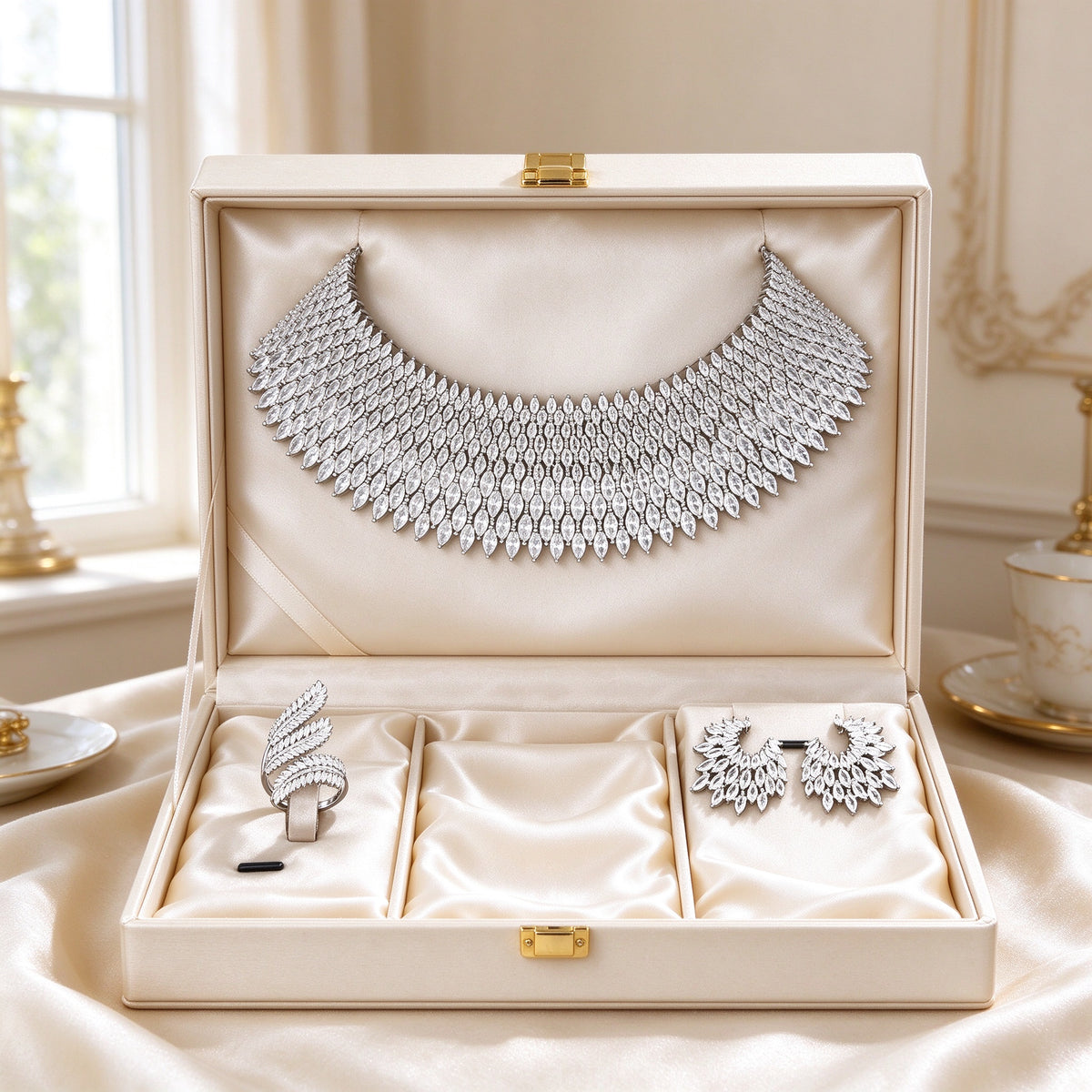The Skye Bridal Set presented in ivory satin-lined gift box