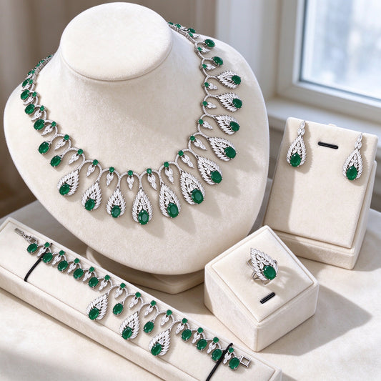 The Zinnia Bridal Parure — silver-tone leaf-frame fringe collar necklace with green oval center stones, teardrop earrings, bracelet and ring on ivory velvet