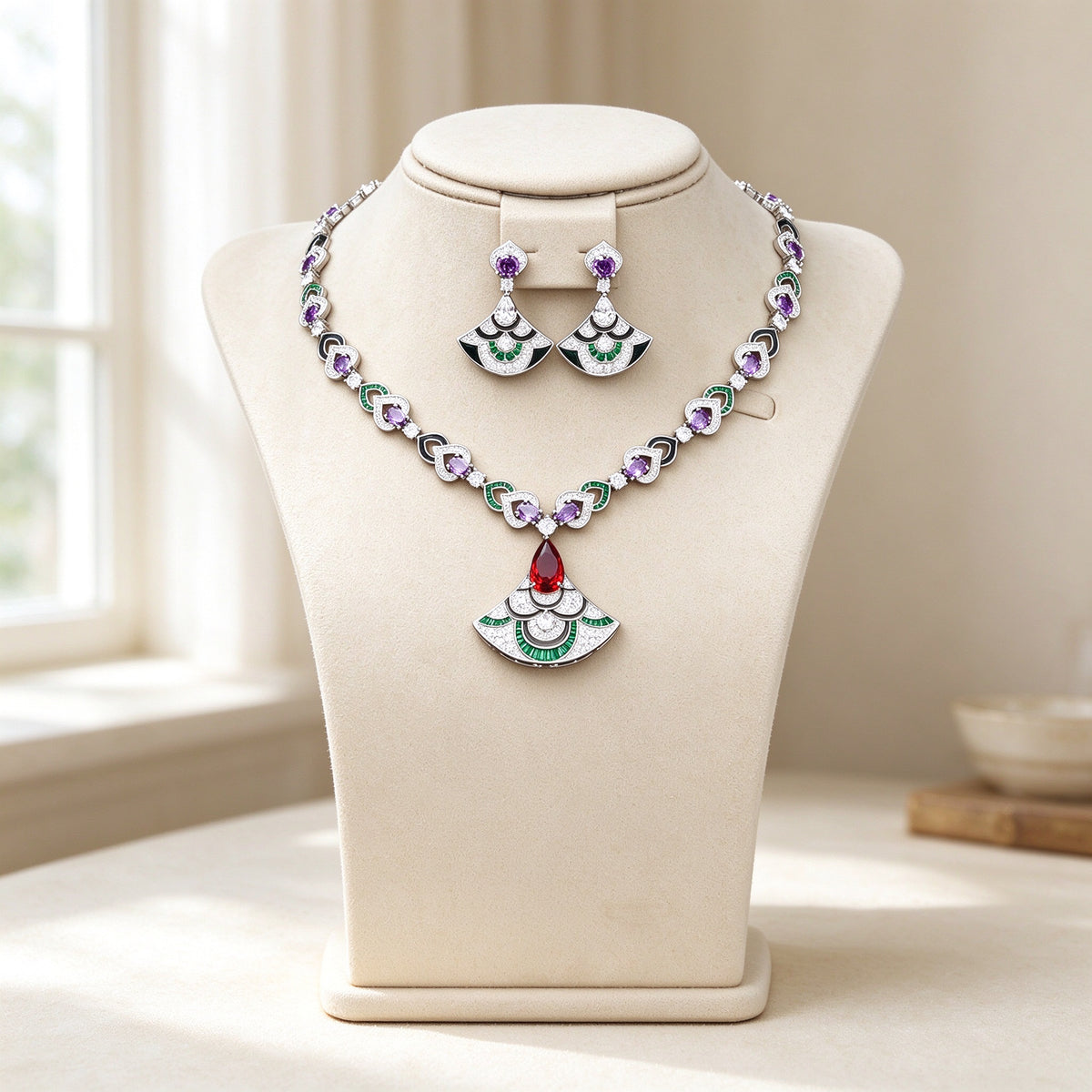 The Sunrise Bridal Parure — art deco fan necklace and earrings on ivory