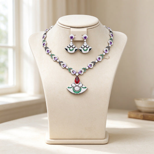 The Sunrise Bridal Parure — art deco fan necklace and earrings on ivory