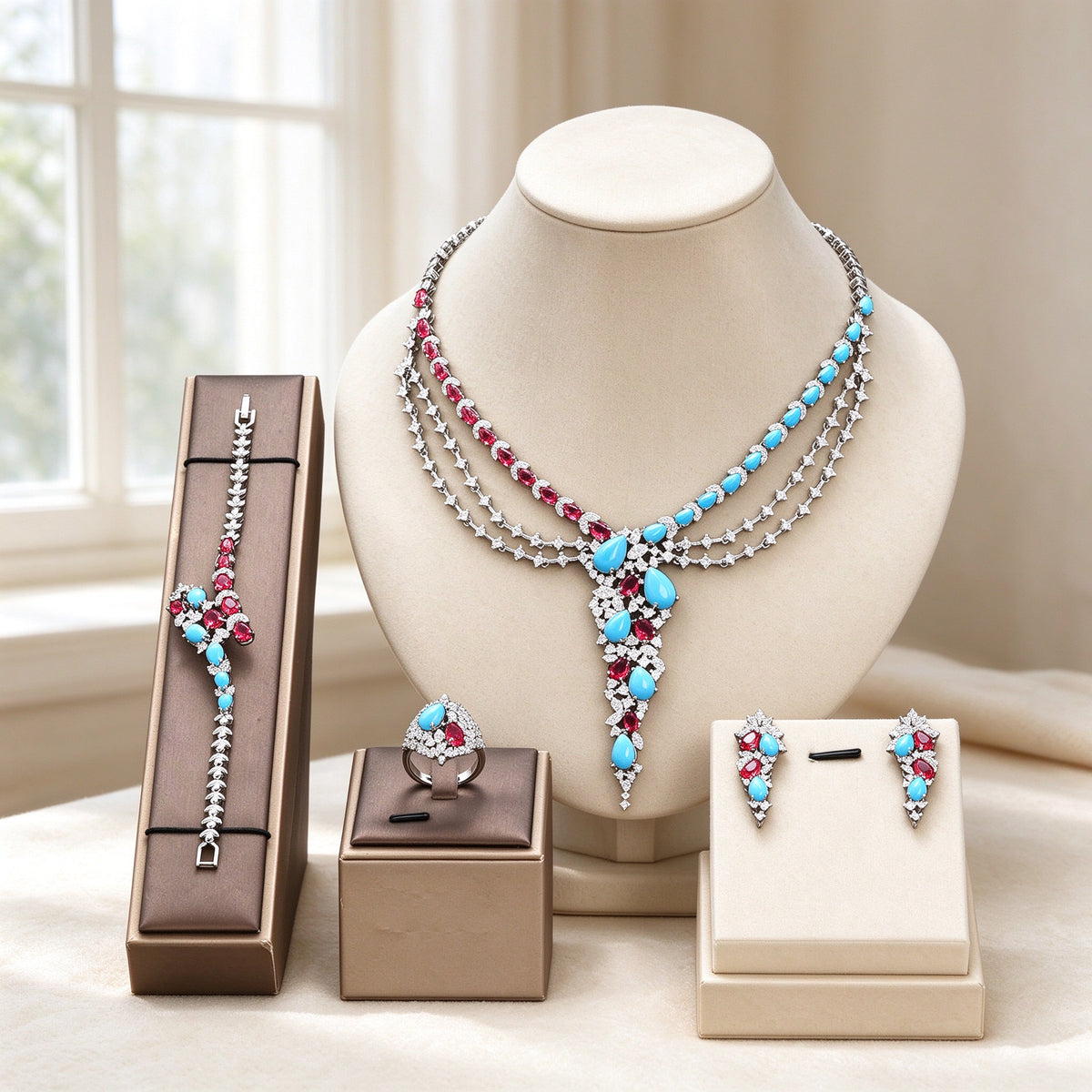 The Dawn Crystal Parure — silver-tone turquoise and red bridal set on ivory