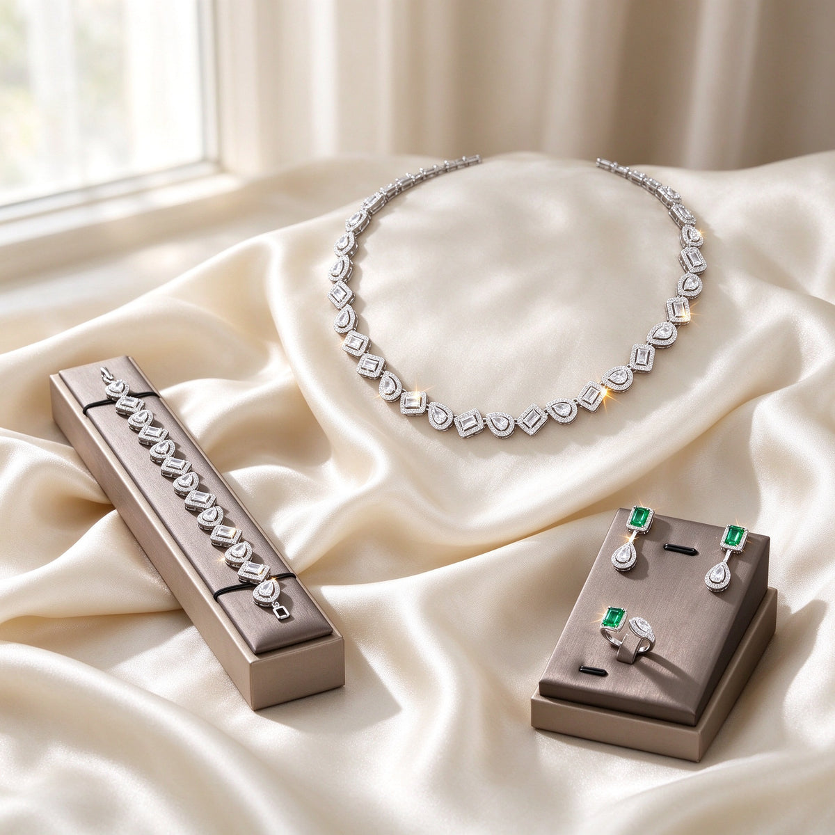The Celestia Wedding Suite silver-tone alternating emerald and pear cut halo CZ necklace, bracelet, drop earrings and bypass ring on ivory silk