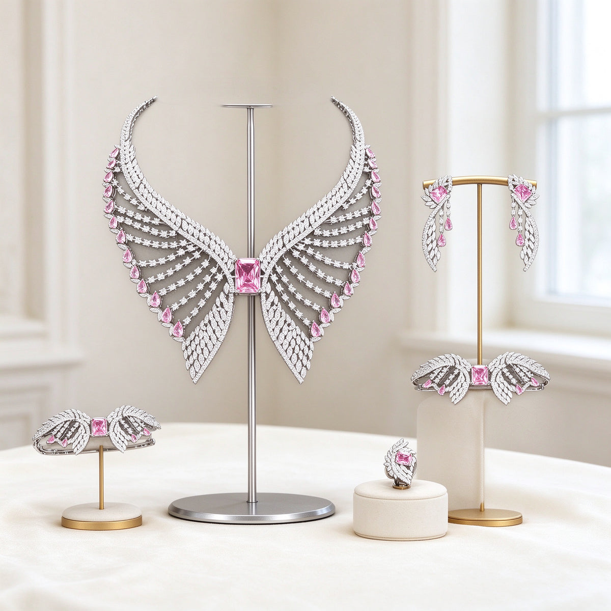 The Reagan Bridal Set — silver-tone wing-shaped bib necklace with pink emerald-cut CZ center, radiating feathered rows, earrings, bracelet and ring on an ivory background