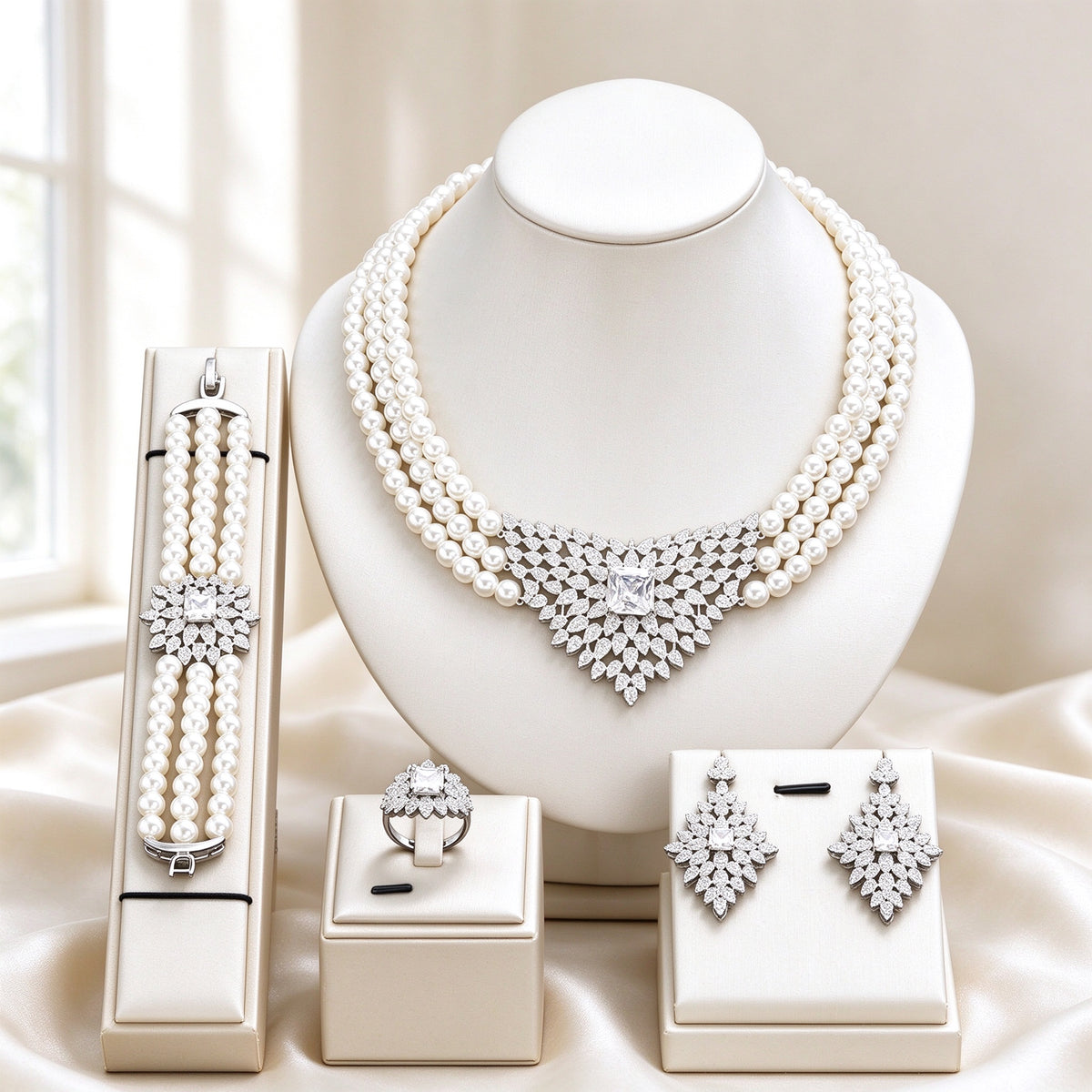 The Vale Bridal Parure 3-strand white pearl necklace with V-shaped CZ pendant on ivory bust
