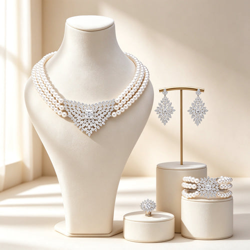 The Clover Crystal Parure — three-strand pearl necklace with V-shaped marquise CZ cluster, drop earrings, pearl bracelet, and solitaire ring on ivory velvet